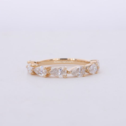 Pear Moissanite Wedding Band/ Half eternity Moissanite Engagement Band/ Colorless Moissanite Proposal Band/ 14K Solid Gold Moissanite Band