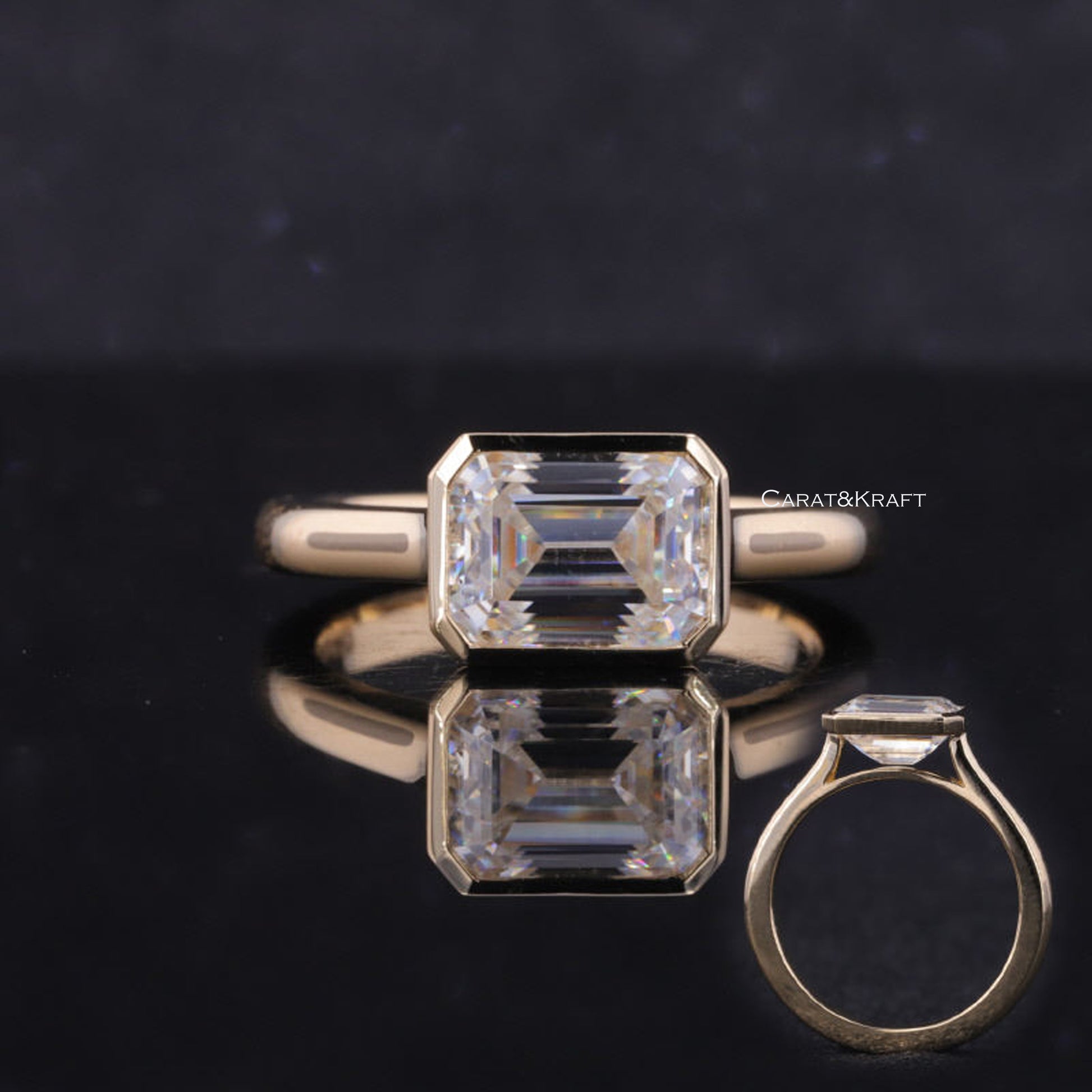Emerald Moissanite Engagement Ring/ Bezel Set Moissanite Bridesmaid Ring