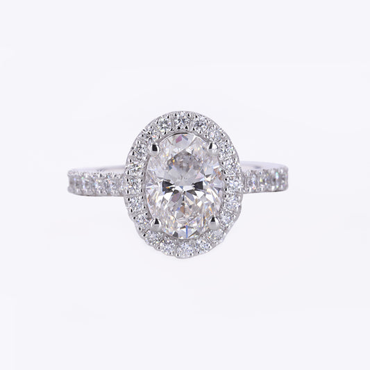 Oval lab grown Halo Engagement Ring with Pave Band, Halo Wedding Ring, Yellow/White/Rose Gold Ring, Anniversary Ring for Women
