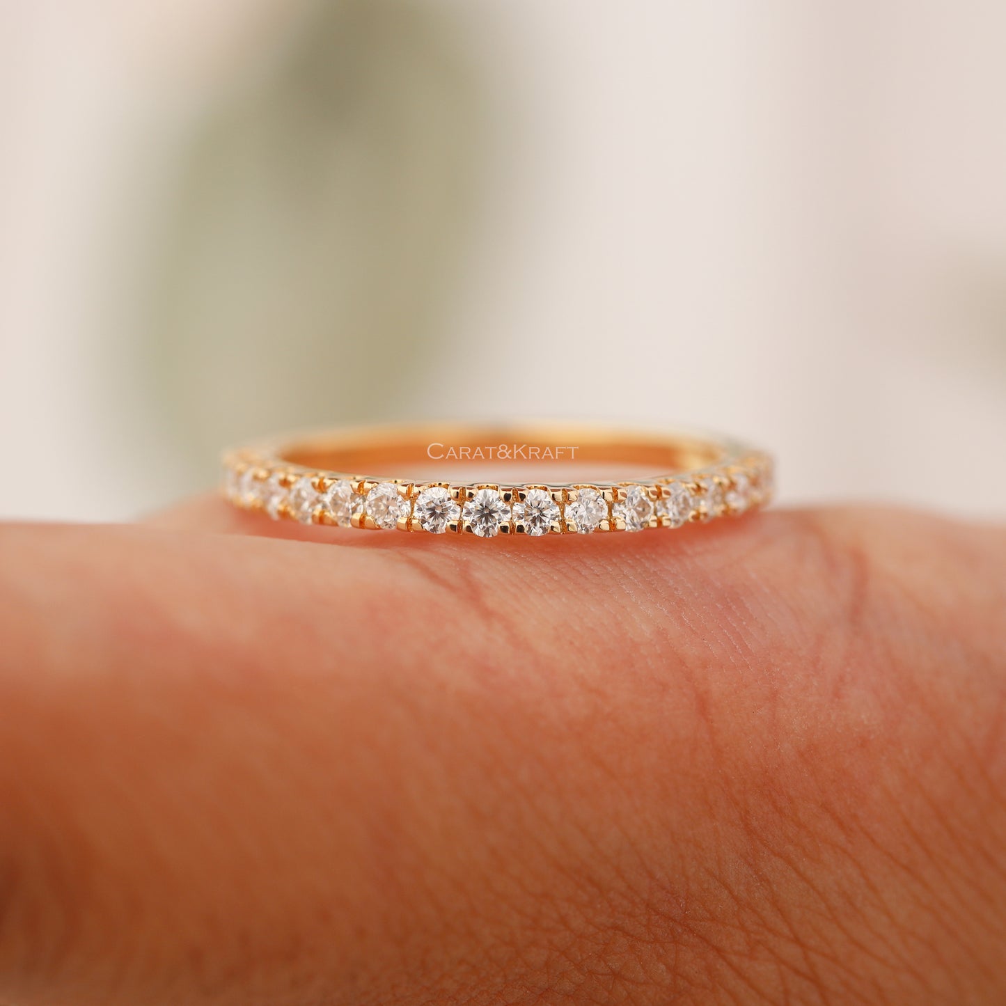 Round Moissanite Wedding Band, 1.7mm Half Eternity Solid Gold Ring