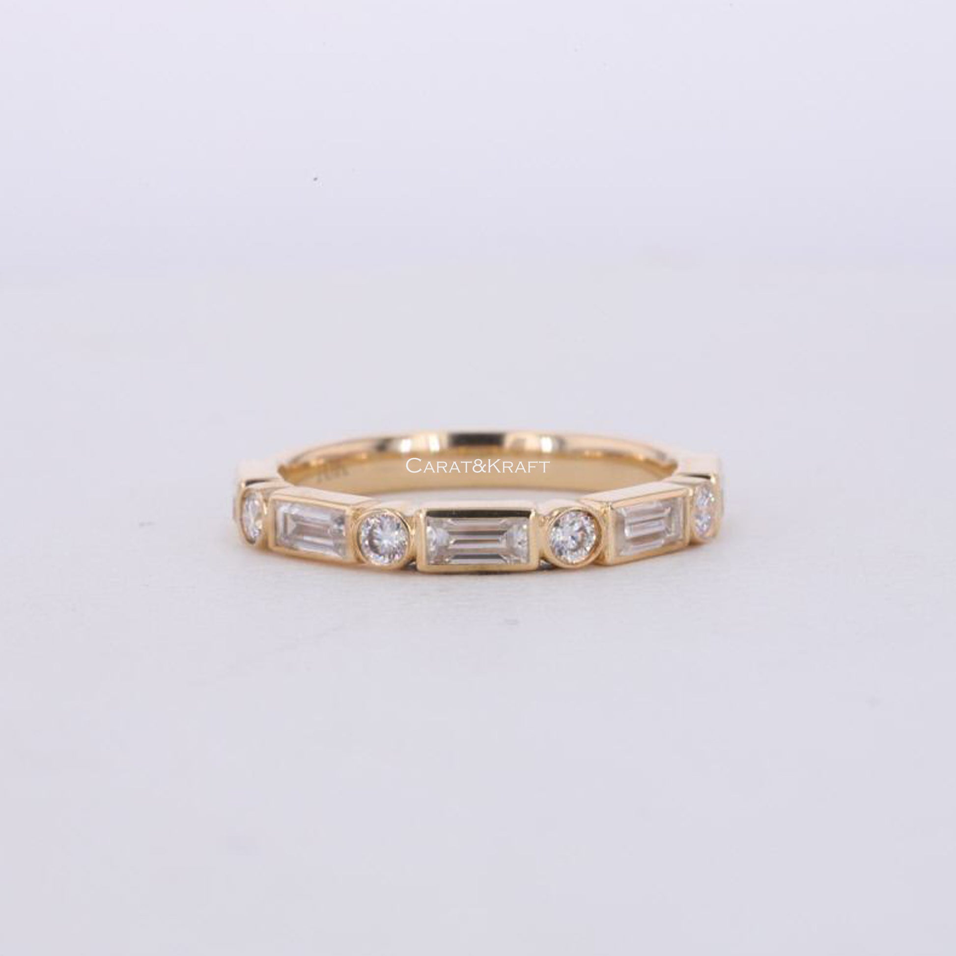 Emerald & Round Cut Moissanite Diamond Eternity Band, diamond wedding ring, stackable ring, matching band, White Gold Ring
