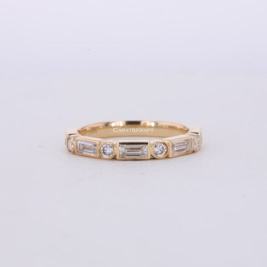 Emerald & Round Cut Moissanite Diamond Eternity Band, diamond wedding ring, stackable ring, matching band, White Gold Ring

