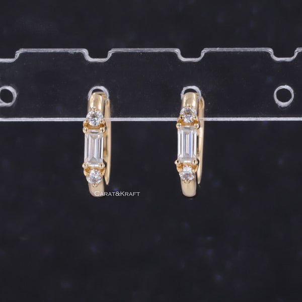 Baguette and Round Diamond Hoop Earrings for Women, Lab Grown Diamond Earrings, Anniversary Gifs for Her, Hoop Earrings for Mother and Wife