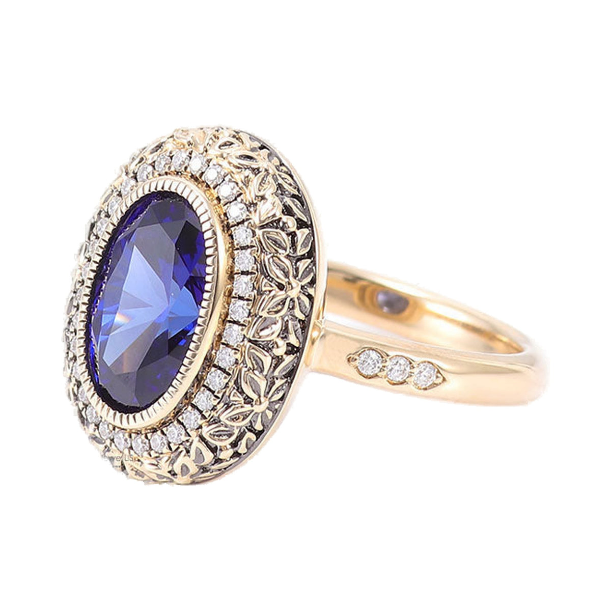 2.50CT Unique Vintage Style Halo Oval Blue Sapphire Engagement Ring, Bezel Set Ring from Carat and Kraft, on white