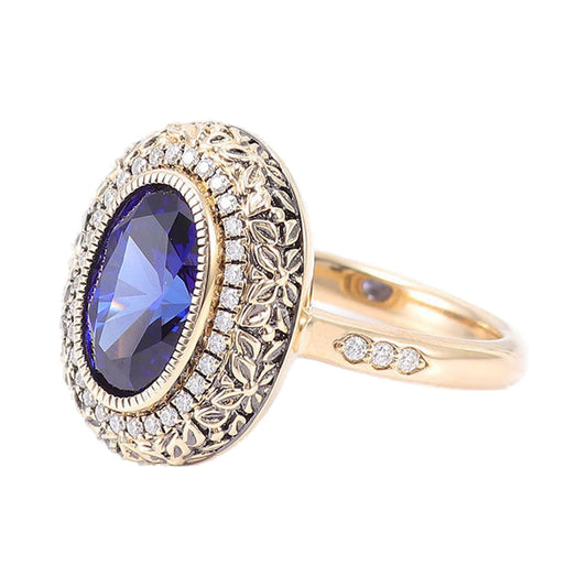 2.50CT Unique Vintage Style Halo Oval Blue Sapphire Engagement Ring, Bezel Set Ring from Carat and Kraft, on white
