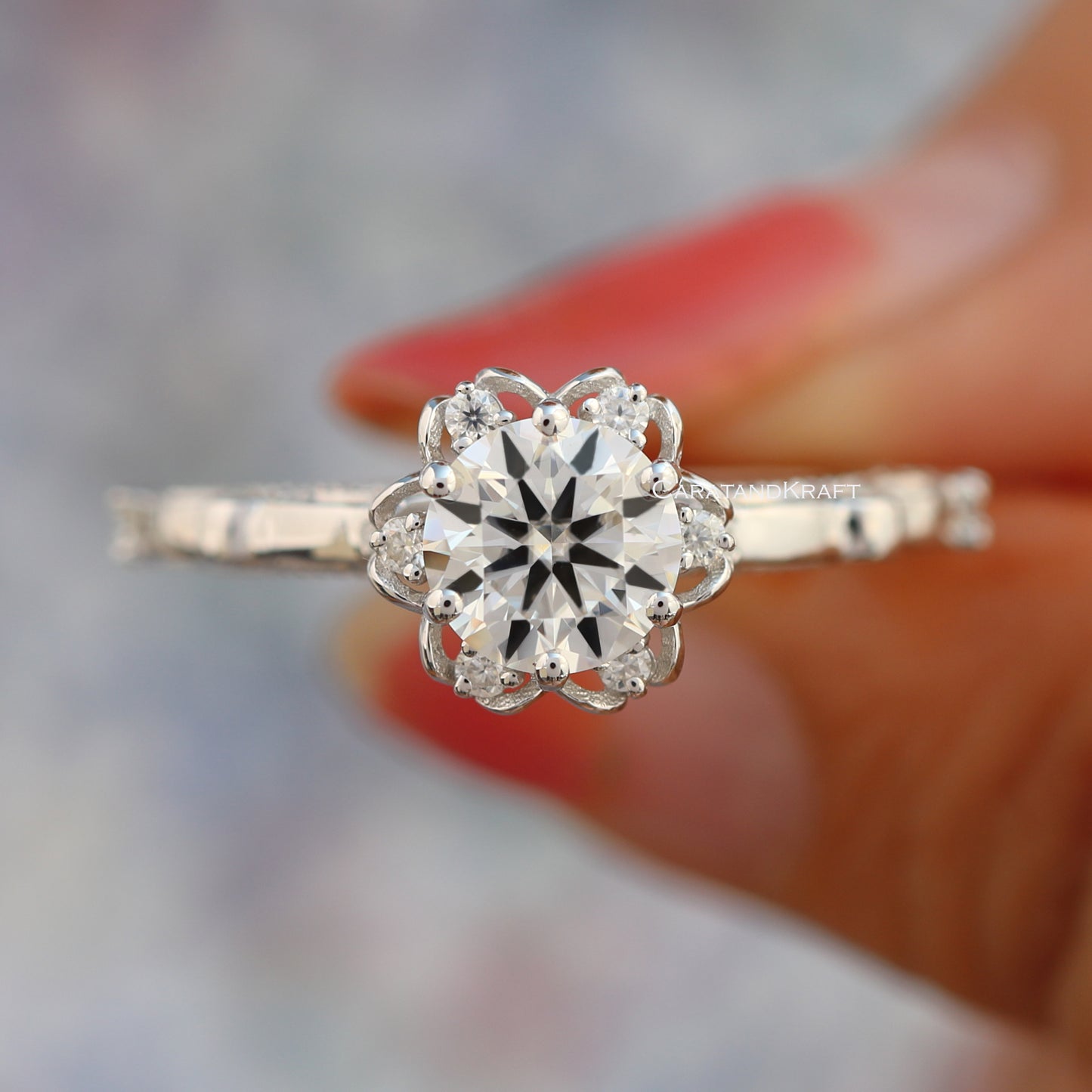 1.00 CT Round Cut Moissanite Engagement Ring, Antique Vintage Style Flower Halo Ring