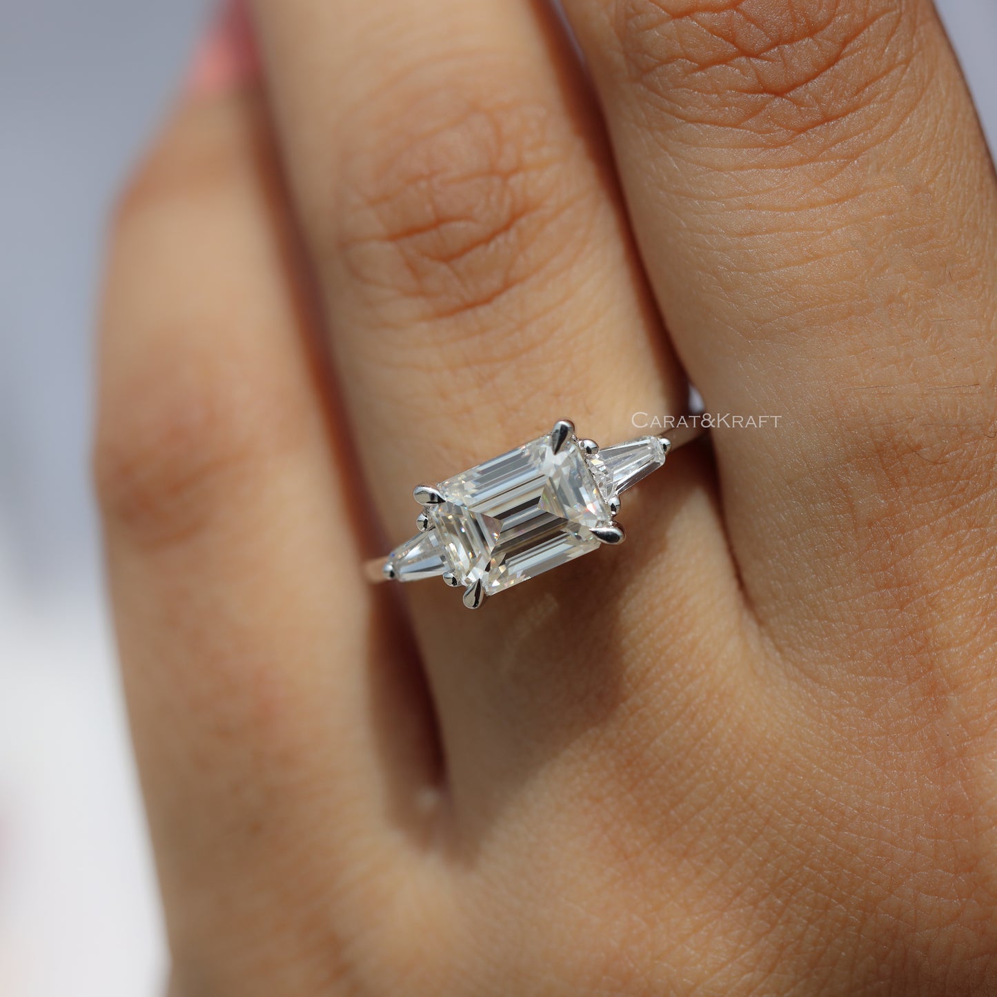 Emerald Cut Three Stone Moissanite Diamond Engagement Ring