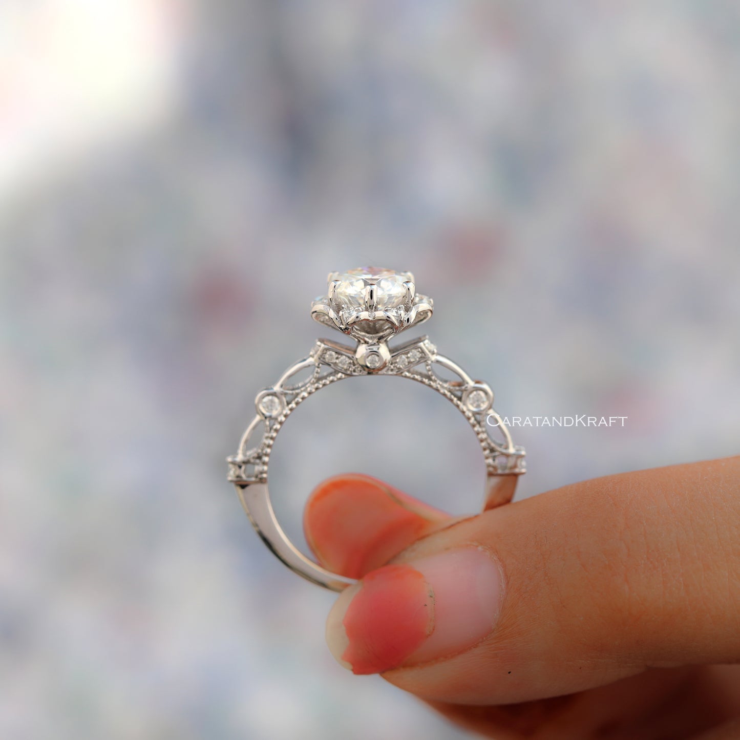 1.00 CT Round Cut Moissanite Engagement Ring, Antique Vintage Style Flower Halo Ring