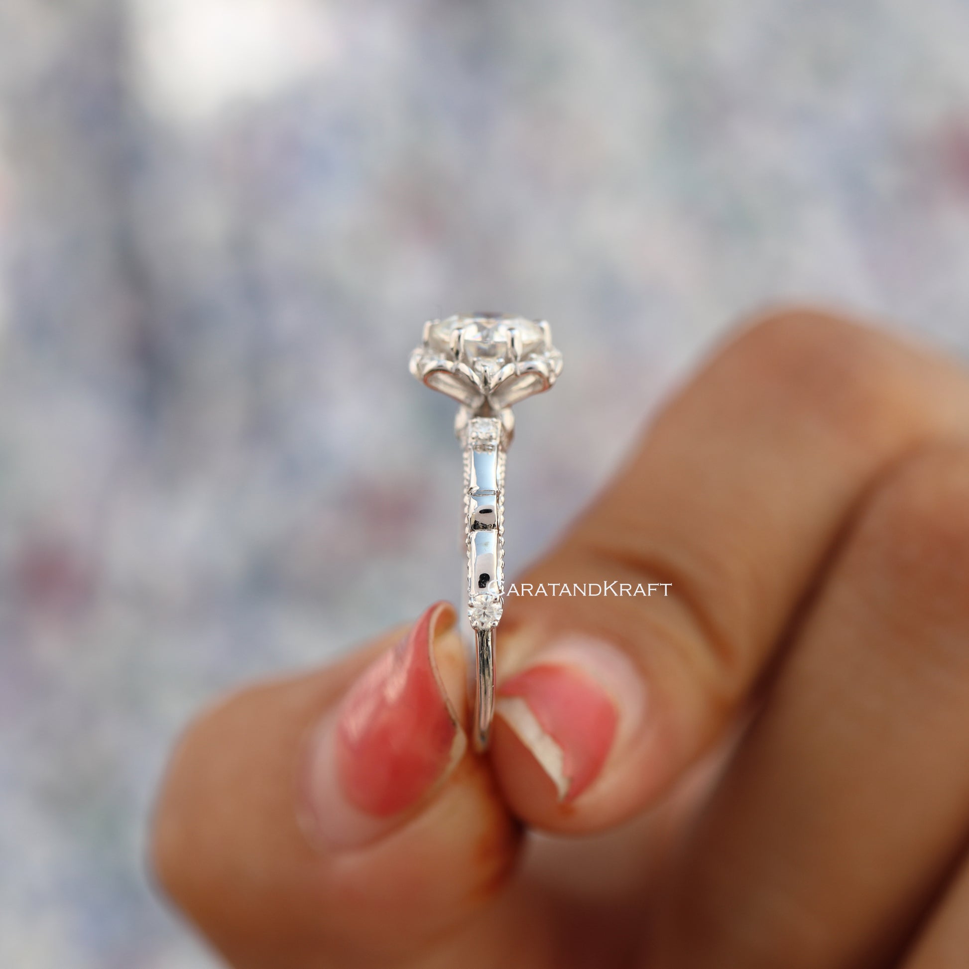 1.00 CT Round Cut Moissanite Engagement Ring, Antique Vintage Style Flower Halo Ring