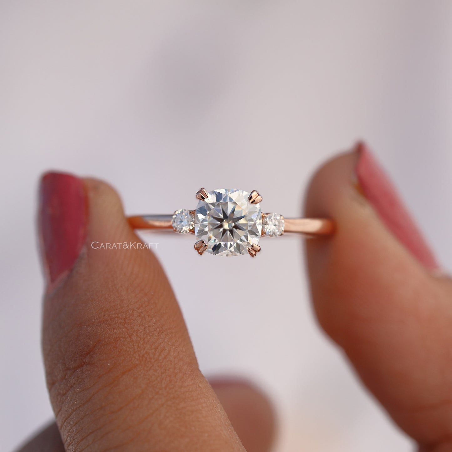 Three Stone Cushion & Round Cut Moissanite Ring