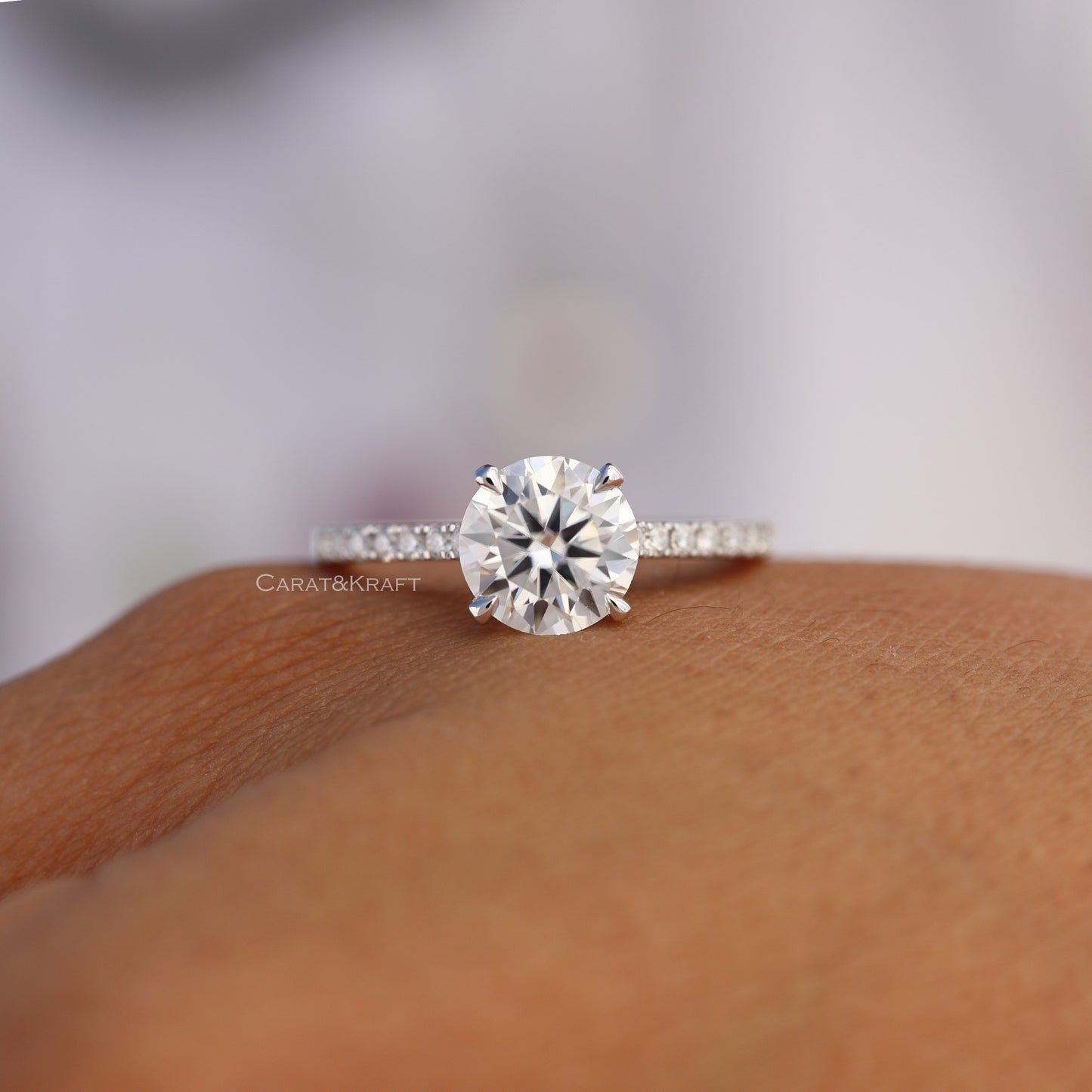 0.50 - 3.0 CT Round  Lab Created Diamond Pave Engagement Ring