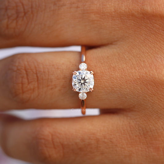 Three Stone Cushion & Round Cut Moissanite Ring