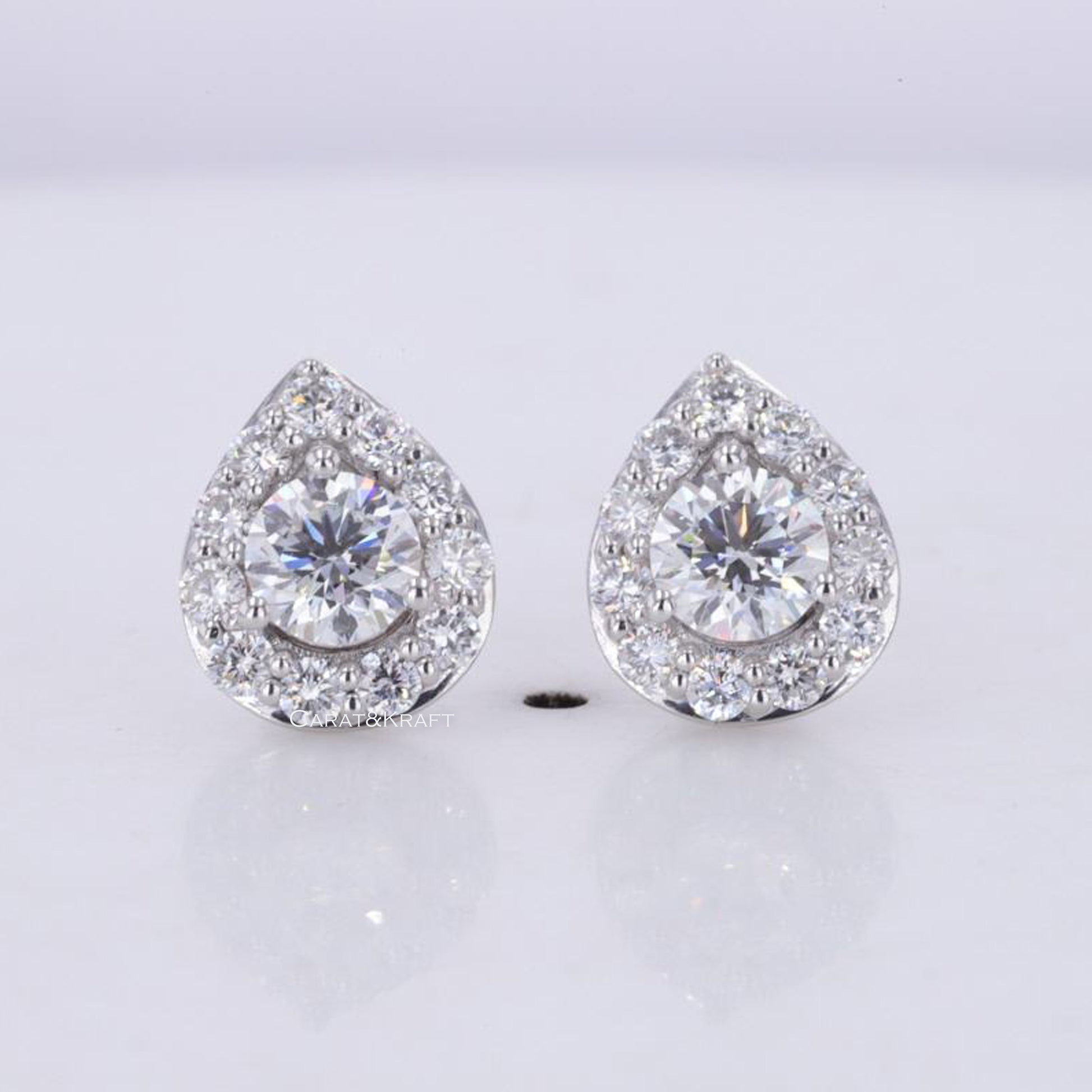 IGI Certified Lab Diamond Halo Stud Earrings: 14K Solid Gold Round Cut