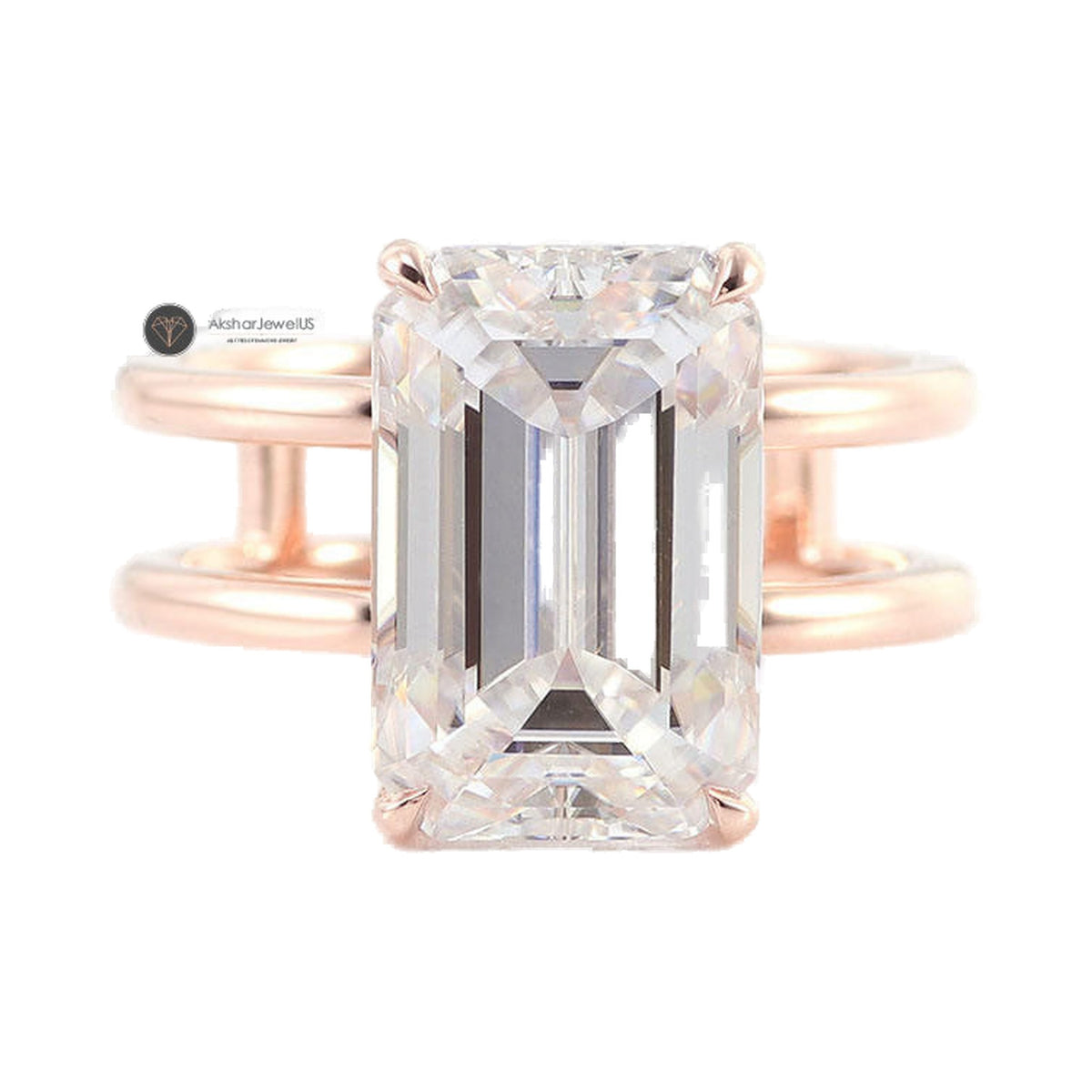 3.21CT Emerald Cut Hidden Halo Moissanite Engagement Ring from Carat and Kraft, on white