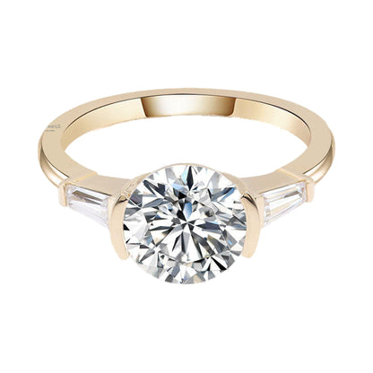 Round Brilliant Cut Moissanite Ring, Side Tapered Baguette Three Stone Ring from Carat and Kraft, on white