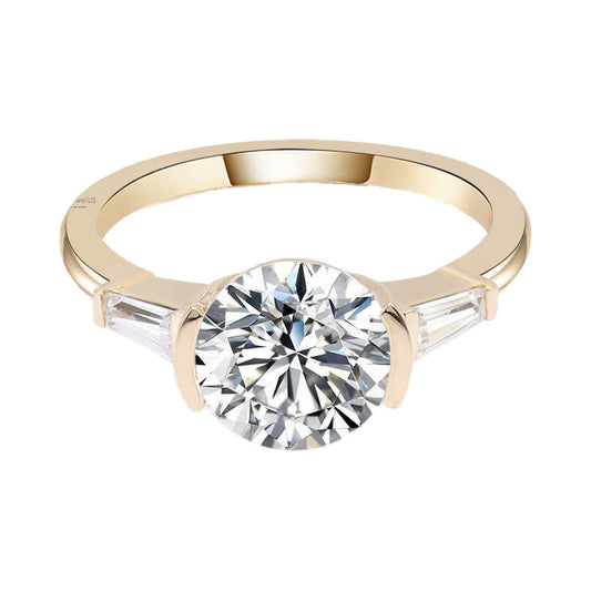 Round Brilliant Cut Moissanite Ring, Side Tapered Baguette Three Stone Ring from Carat and Kraft, on white