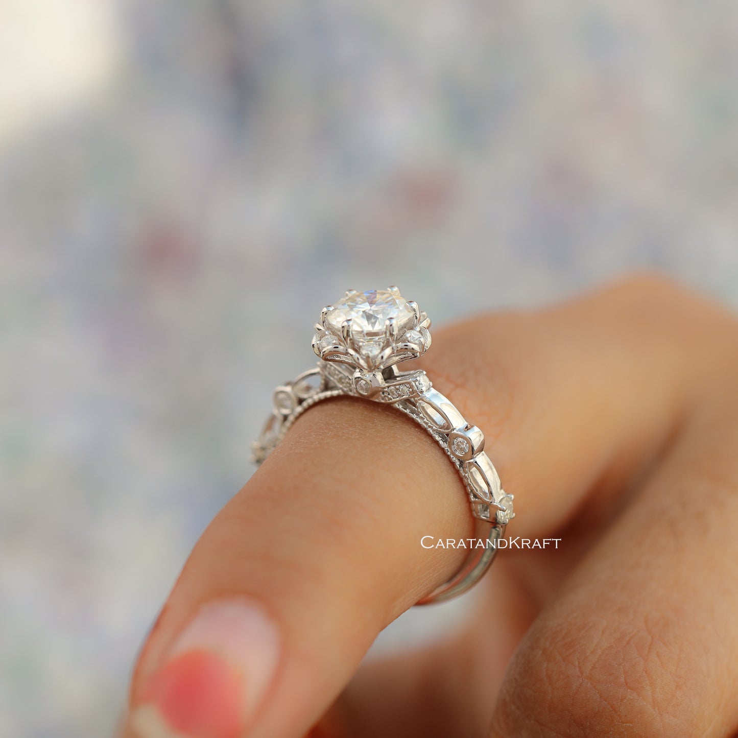 1.00 CT Round Cut Moissanite Engagement Ring, Antique Vintage Style Flower Halo Ring