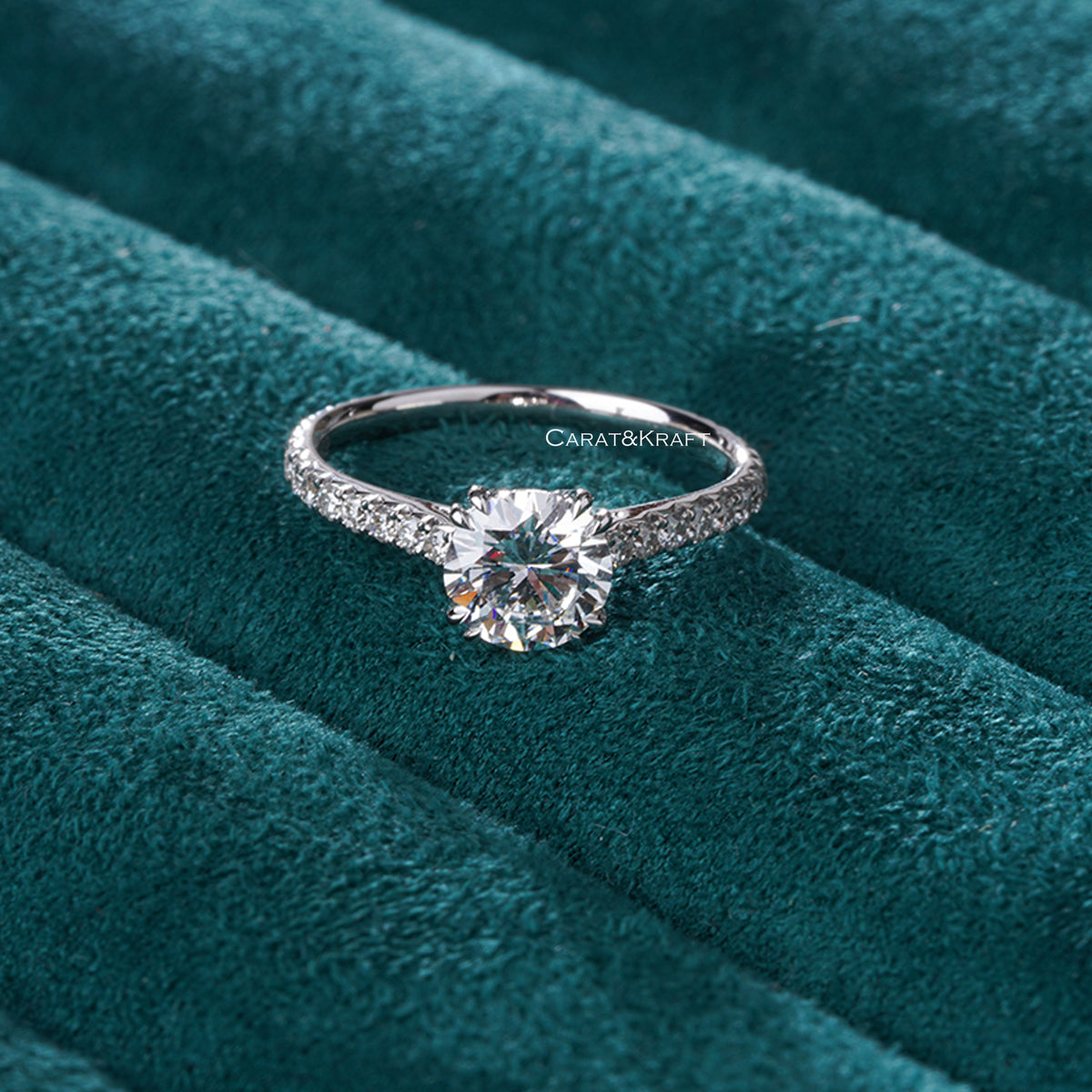 round Moissanite Pave Engagement Ring in Cathedral Setting, Classic Claw Prong Set Moissanite Wedding Ring, Anniversary Ring for Women