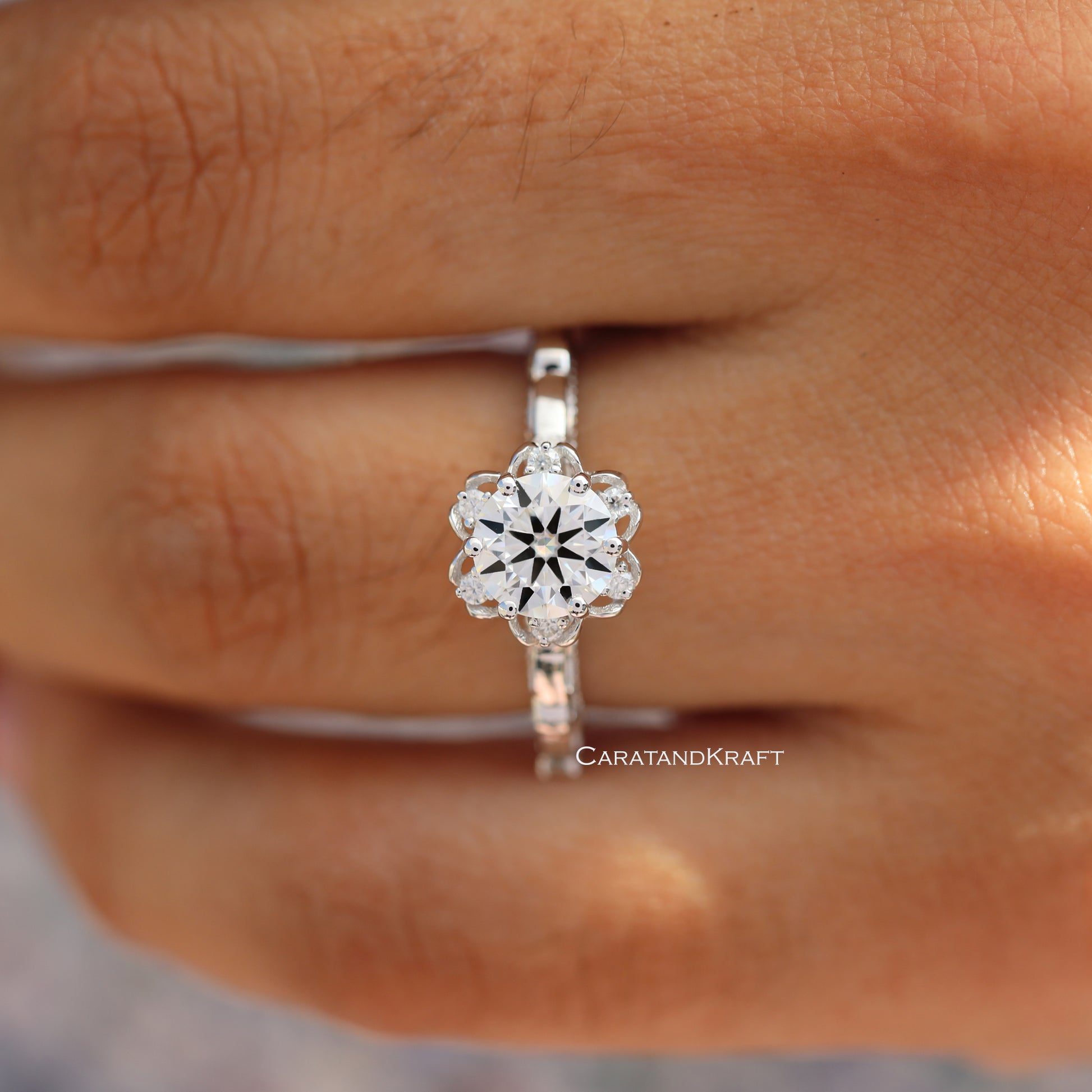 1.00 CT Round Cut Moissanite Engagement Ring, Antique Vintage Style Flower Halo Ring