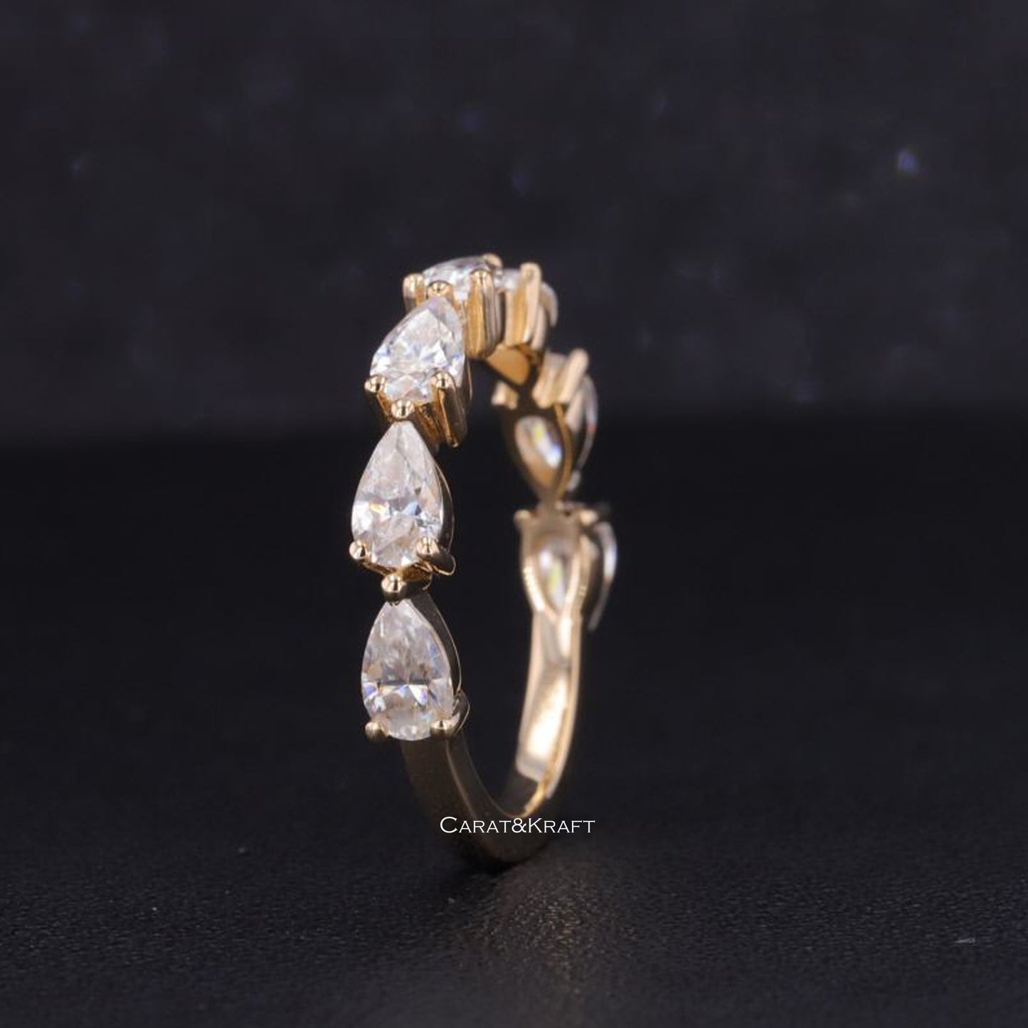 Pear Cut Moissanite Wedding Band, 14K White Gold Half Eternity Band, East-West Pear Moissanite Band, Classic Style Band, Handmade Jewelry
