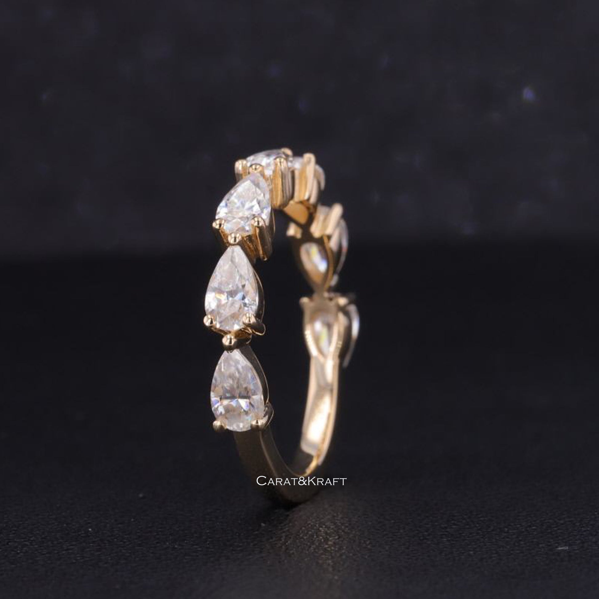 Pear Cut Moissanite Wedding Band, 14K White Gold Half Eternity Band, East-West Pear Moissanite Band, Classic Style Band, Handmade Jewelry
