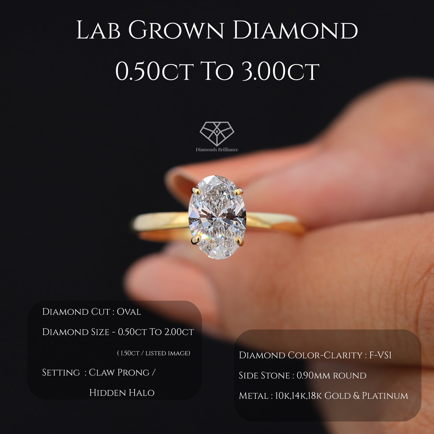 14k Solid Gold 2.0CT Oval Cut Lab Grown Diamond Hidden Halo Ring