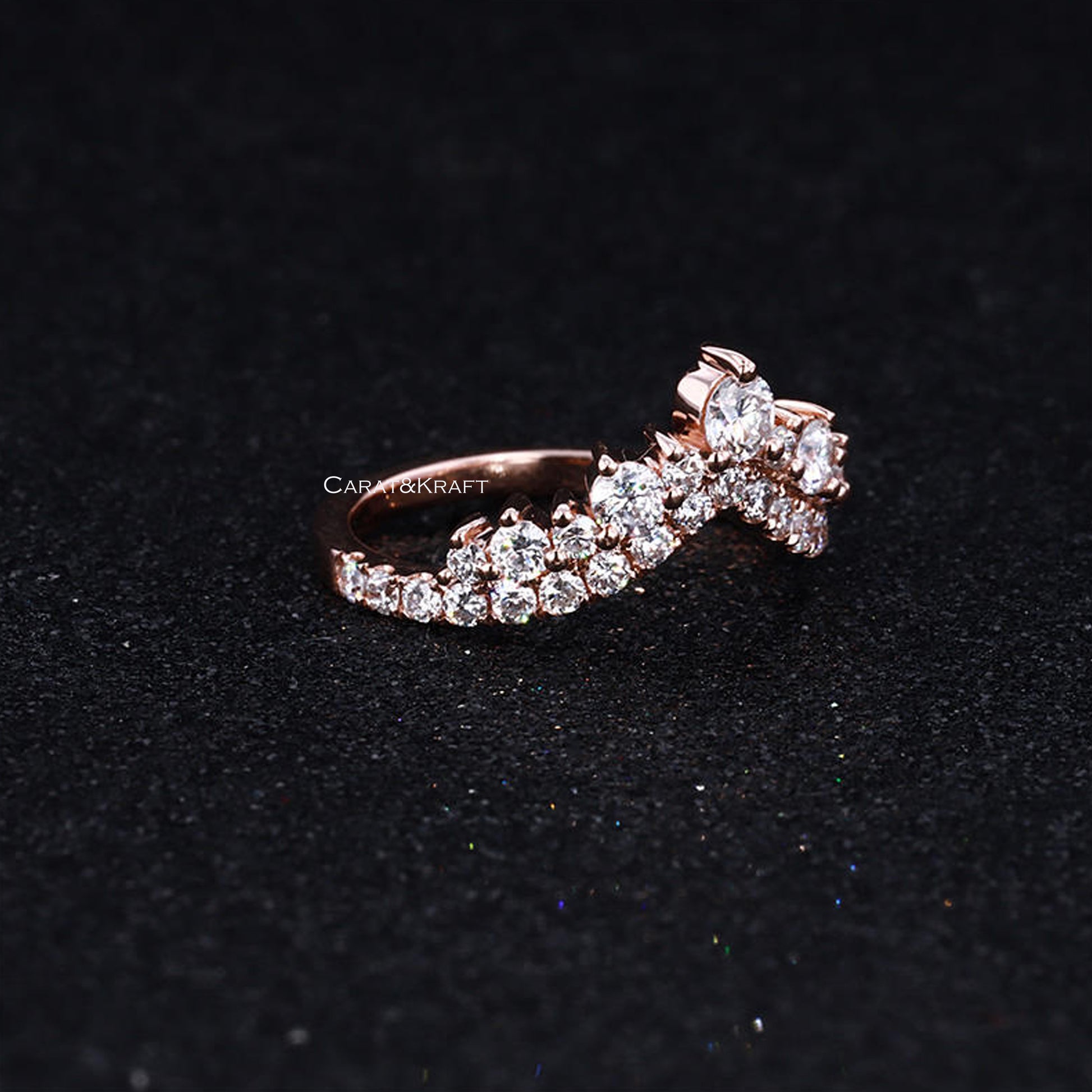 Queen Curved Wedding Band, V Shaped Chevron Band, Double Layer Half Eternity Band, Anniversary Band
