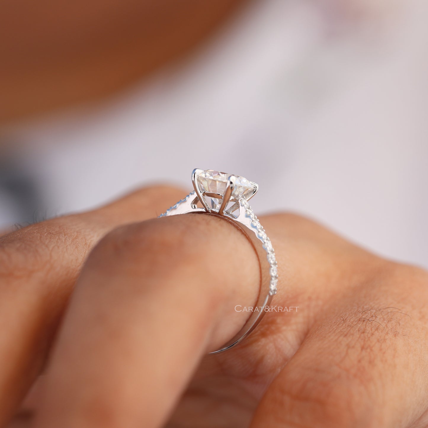 Round Brilliant Cut Moissanite Ring, Claw Prongs Pave Set Ring