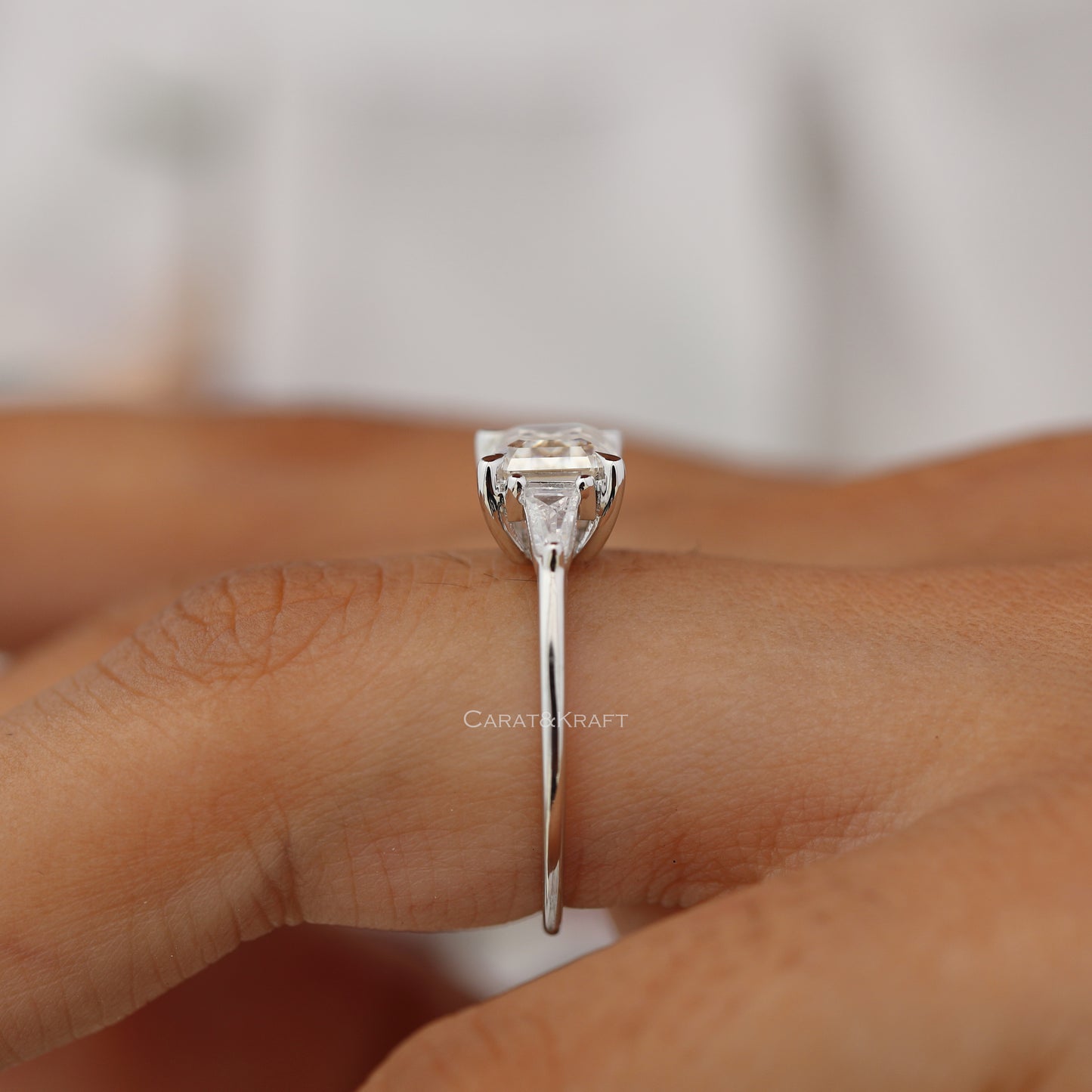 Emerald Cut Three Stone Moissanite Diamond Engagement Ring