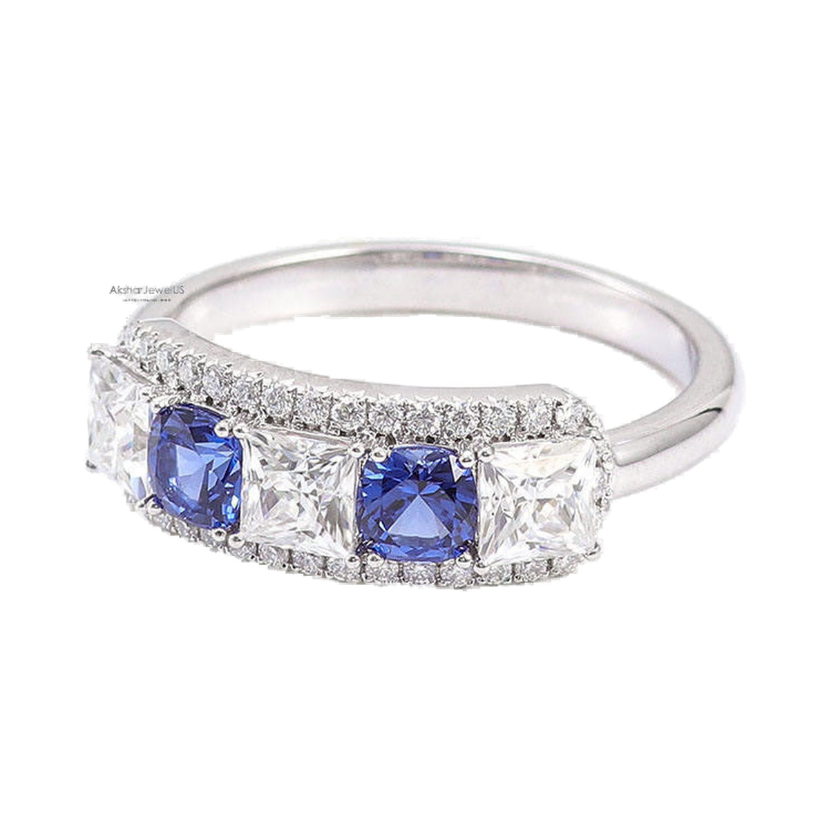 5 Stone Princess Cut Moissanite Ring, Blue Round Cut Pave Set Ring from Carat and Kraft, on white