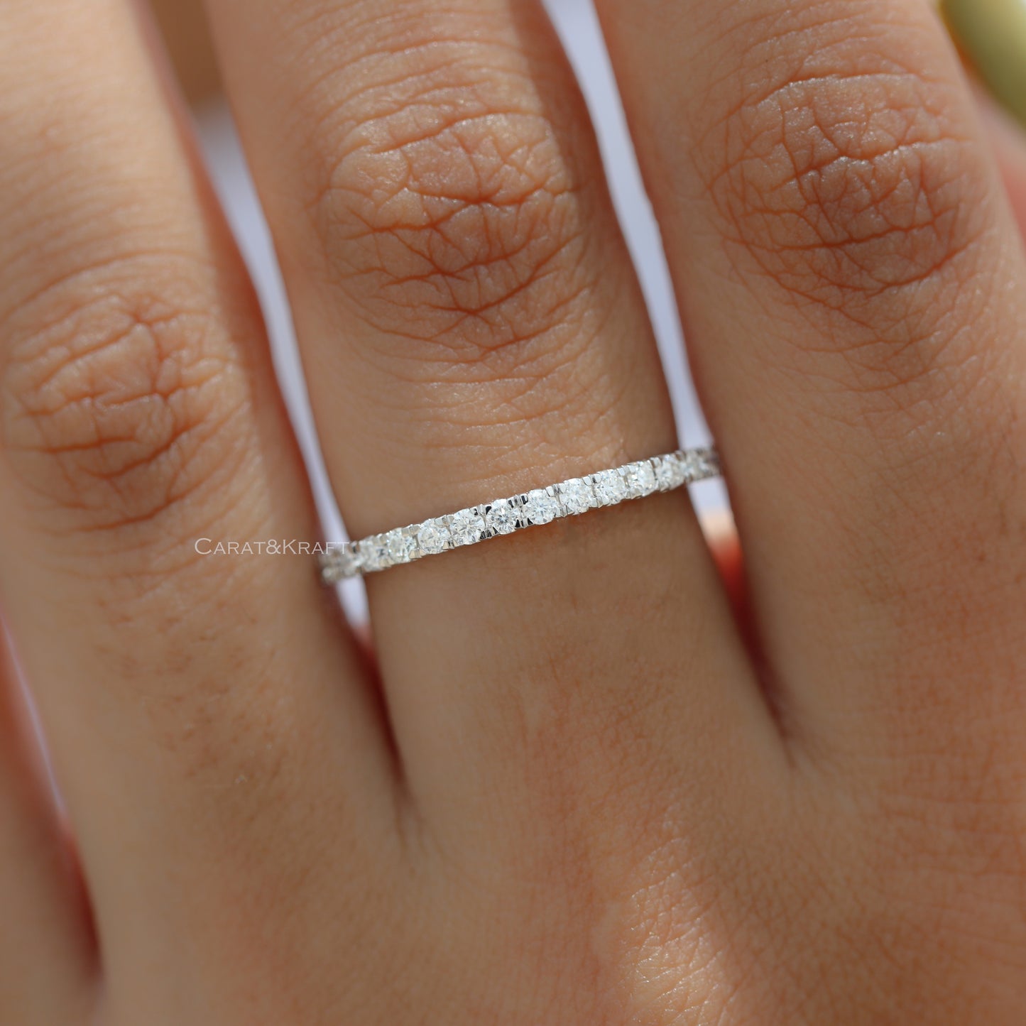 Round Moissanite Wedding Band, 1.7mm Half Eternity Solid Gold Ring