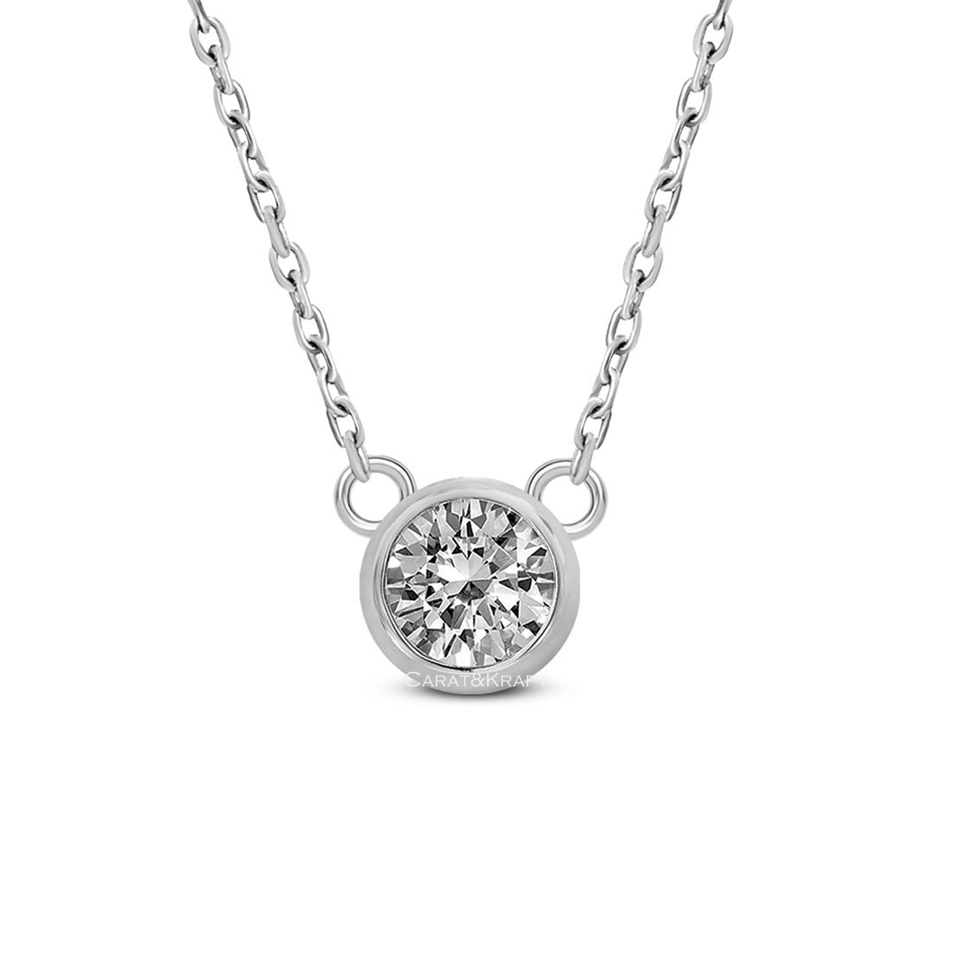 14K Gold Solitaire Necklace, Certified Real Lab Created