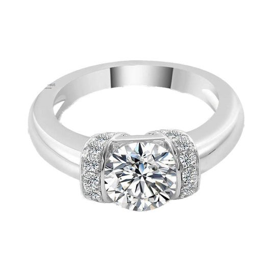 6.50mm Round Half Bezel Set Lab Grown Diamond Unique Halo Moissanite Ring from Carat and Kraft, on white
