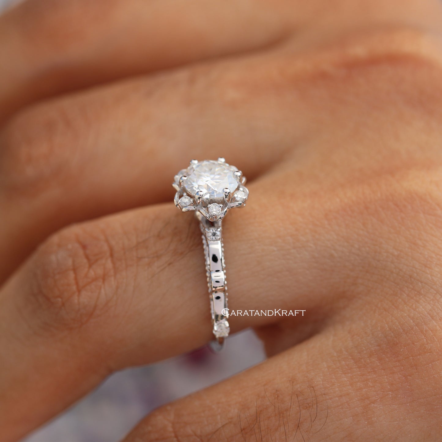 Round Diamond Ring, Vintage Lab Grown Diamond Engagement Ring