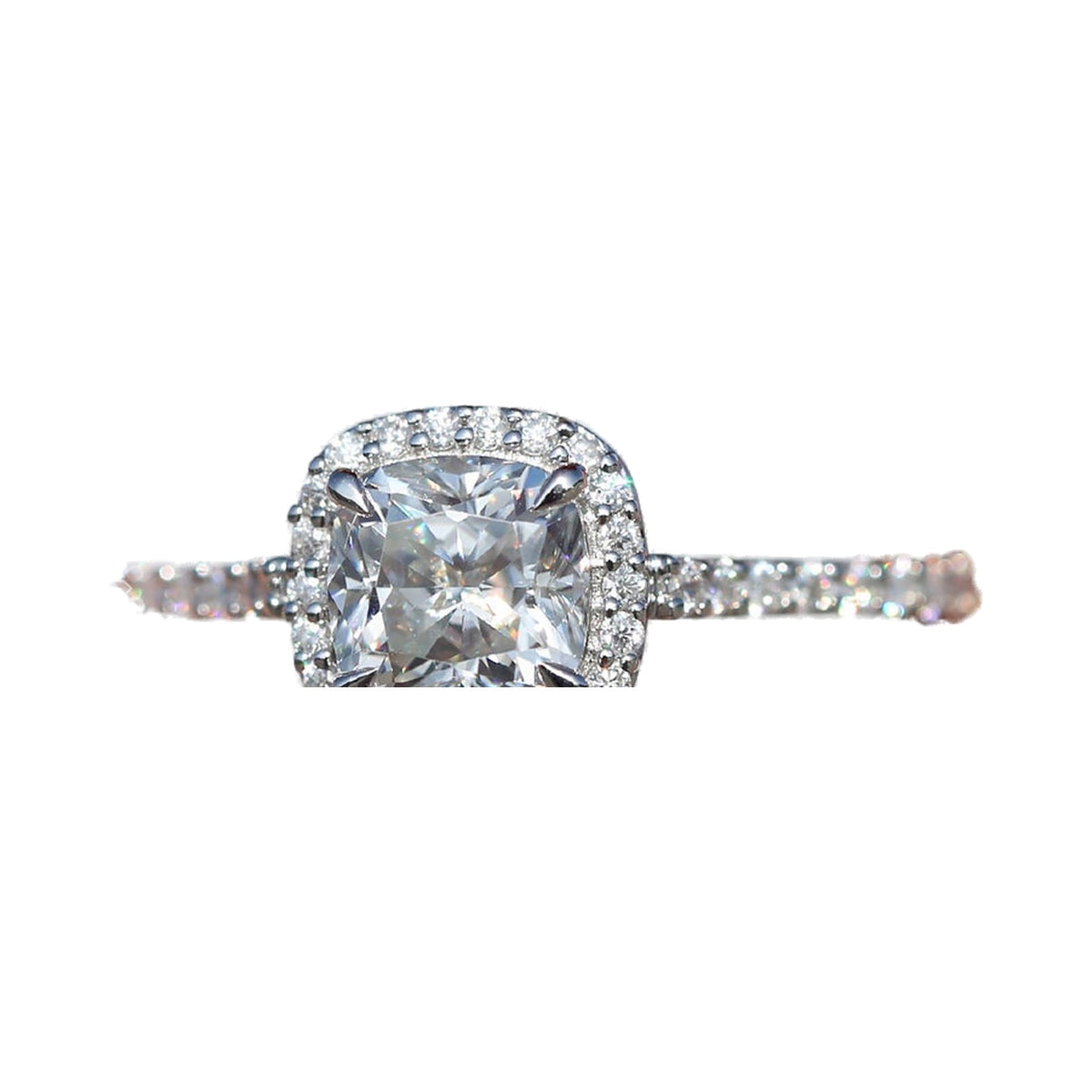 6mm Cushion Halo Moissanite Diamond Engagement Ring from Carat and Kraft, on white