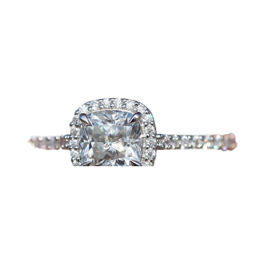 6mm Cushion Halo Moissanite Diamond Engagement Ring from Carat and Kraft, on white