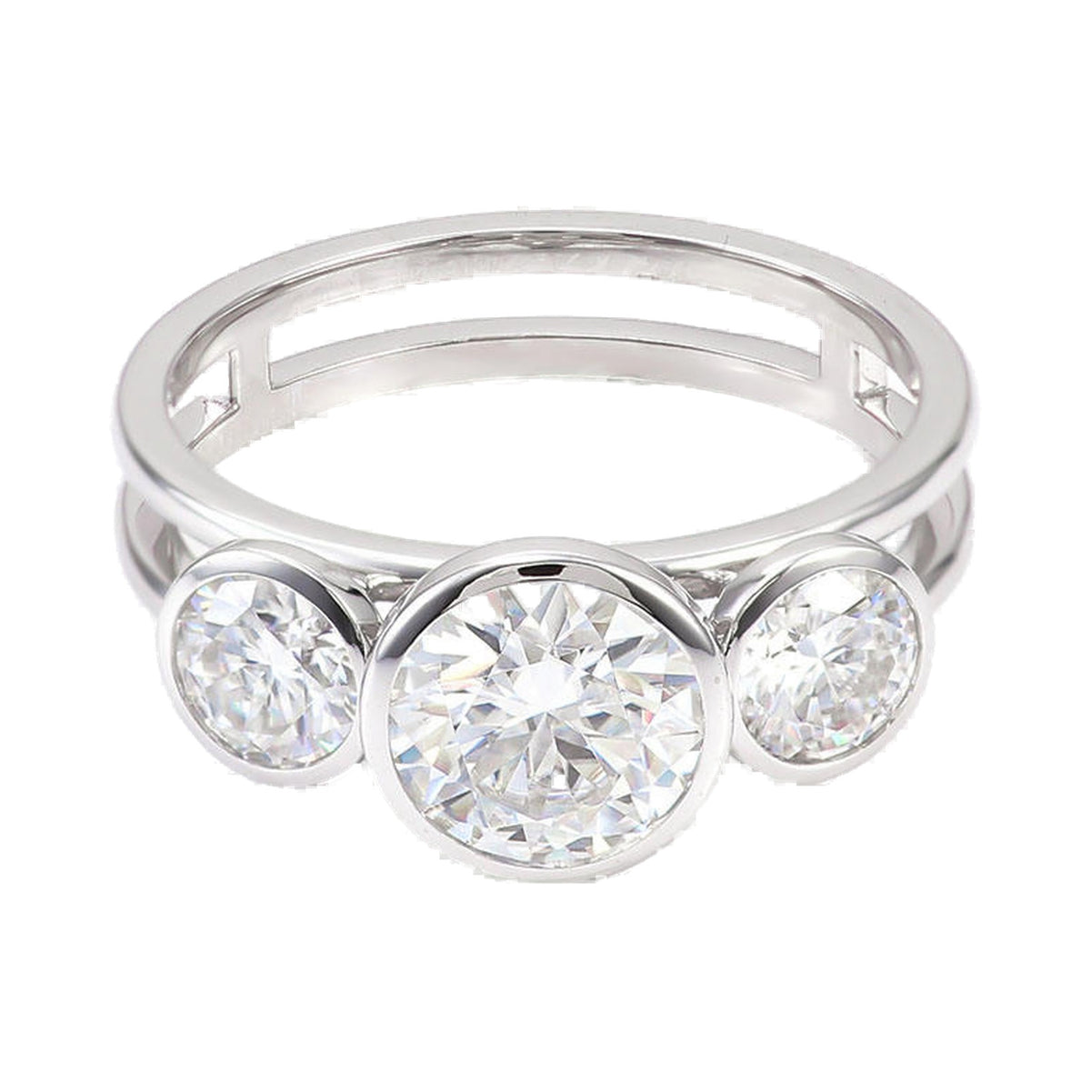 Round Moissanite Diamond Three Stone Bezel Set Ring from Carat and Kraft, on white