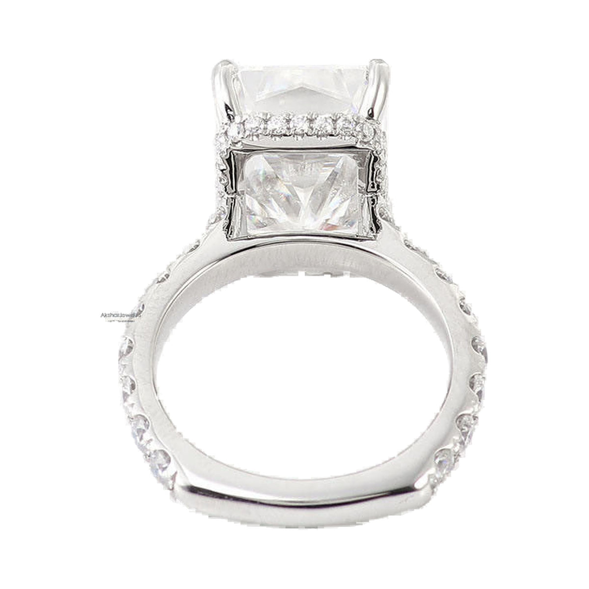 8.50CT Radiant Cut Moissanite Diamond Ring, Hidden Halo Ring from Carat and Kraft, on white