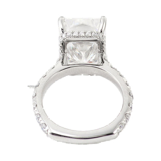 8.50CT Radiant Cut Moissanite Diamond Ring, Hidden Halo Ring from Carat and Kraft, on white
