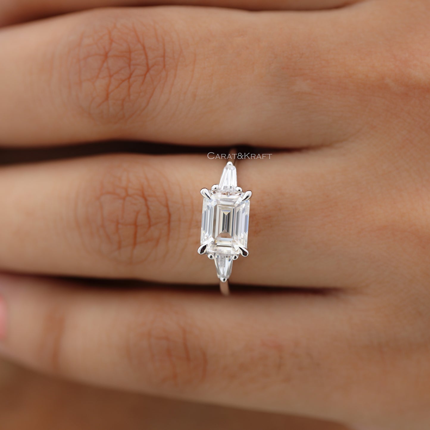 Emerald Cut Three Stone Moissanite Diamond Engagement Ring