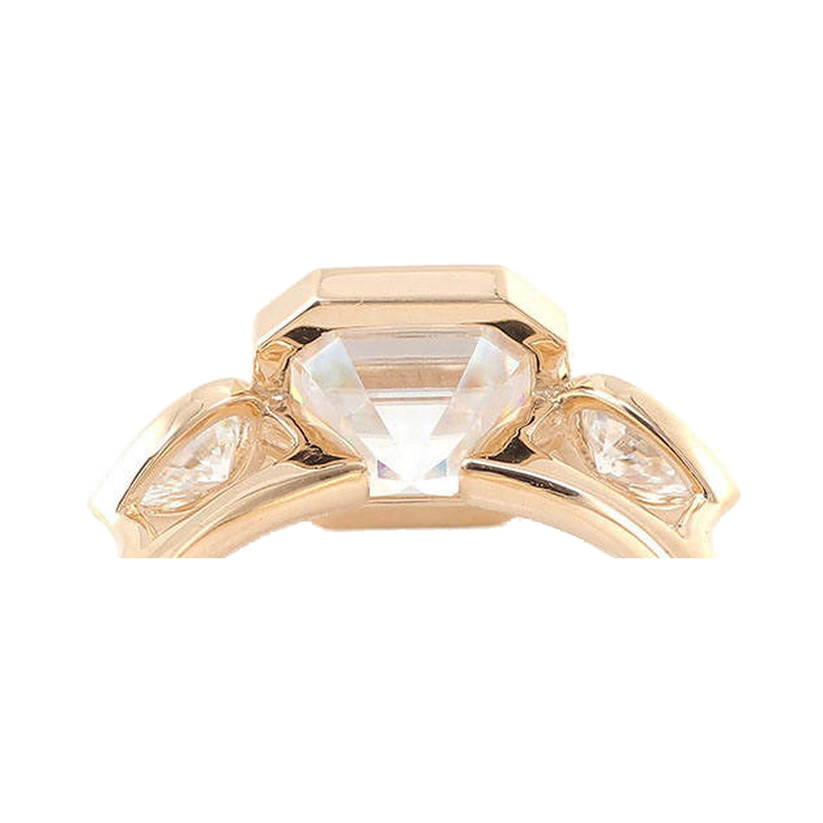 Asscher Cut Bezel Set Lab Grown Diamond Ring, Three Stone Moissanite Ring from Carat and Kraft, on white
