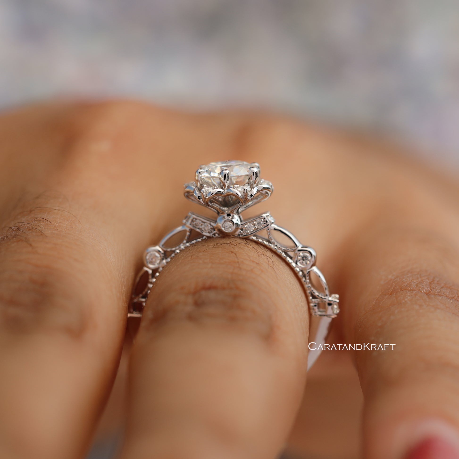 1.00 CT Round Cut Moissanite Engagement Ring, Antique Vintage Style Flower Halo Ring