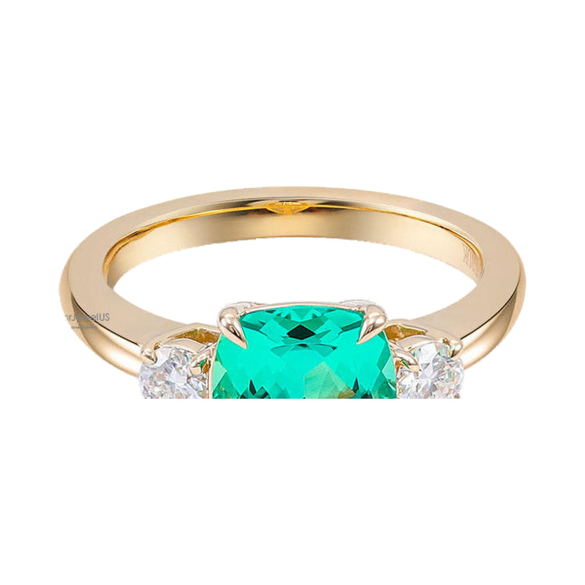 Green Cushion cut Moissanite Old Mine three stone Engagement Ring from Carat and Kraft, on white