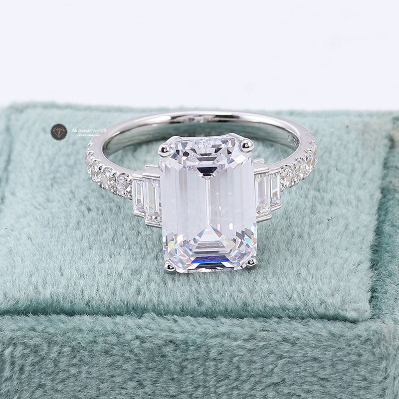 Emerald Cut Five Stone Moissanite Engagement wedding Ring