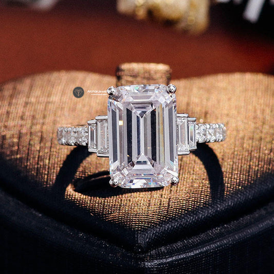 Emerald Cut Five Stone Moissanite Engagement wedding Ring