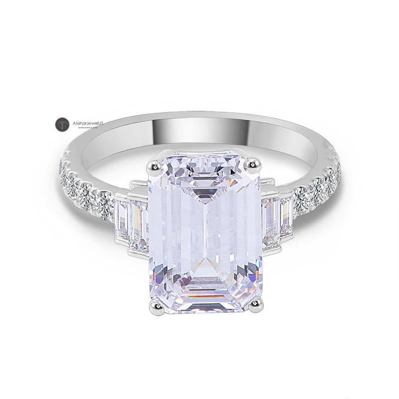 Emerald Cut Five Stone Moissanite Engagement wedding Ring