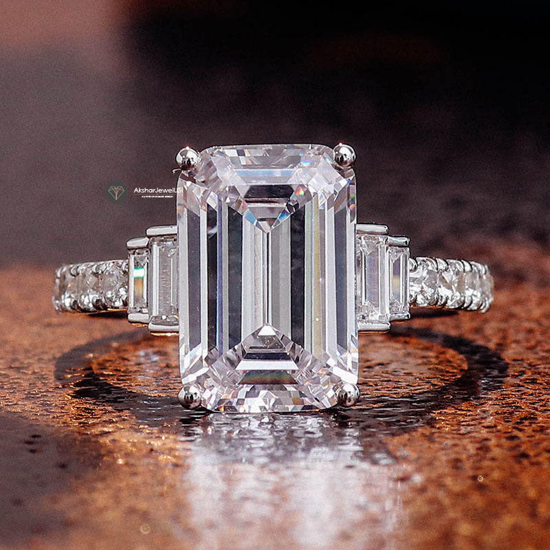 Emerald Cut Five Stone Moissanite Engagement wedding Ring