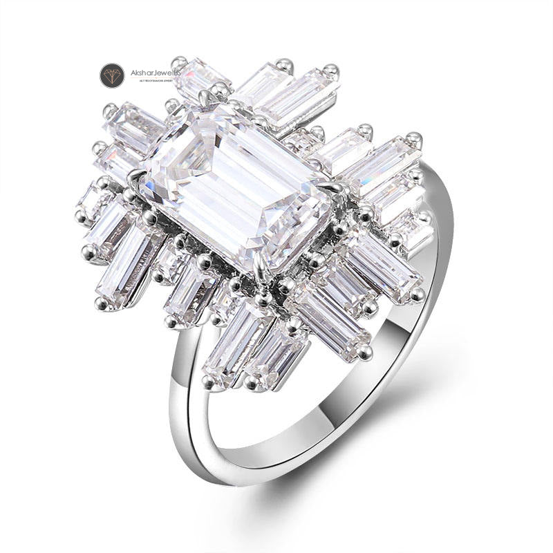 Stunning Cluster Emerald Cut Halo Moissanite Diamond Ring