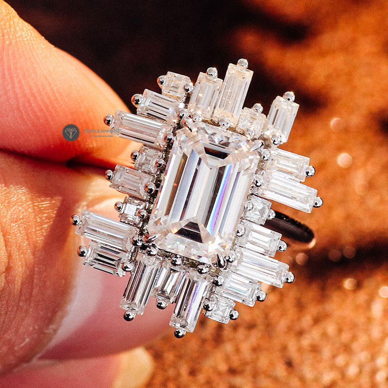 Stunning Cluster Emerald Cut Halo Moissanite Diamond Ring