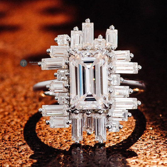 Stunning Cluster Emerald Cut Halo Moissanite Diamond Ring